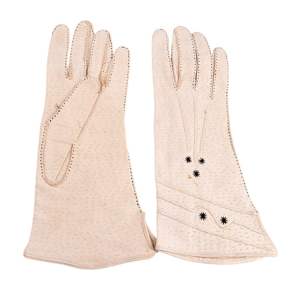 1950s Vintage Cream Leather Gauntlet Gloves Black Starburst Embroidery‎
